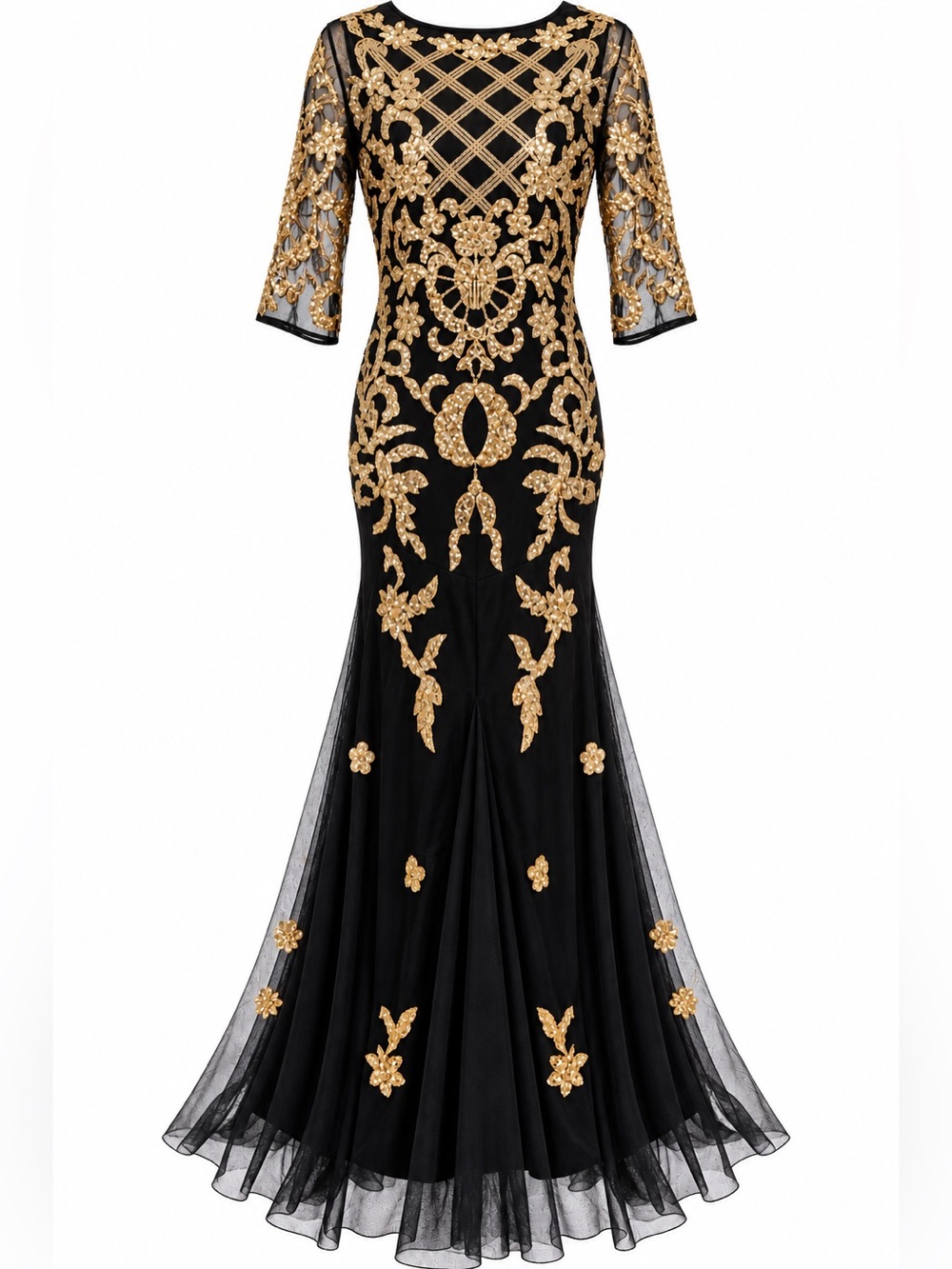 Black & Gold Embroidered Long-Sleeve Evening Gown
